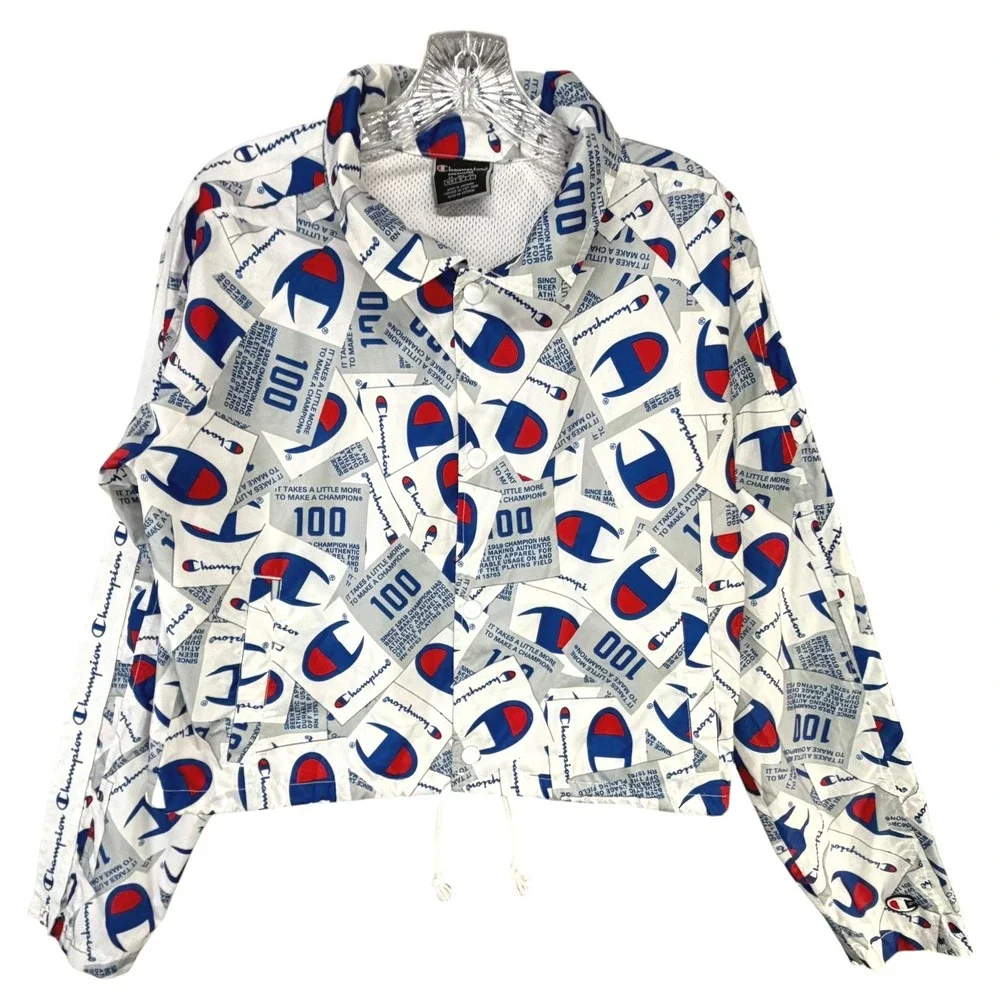 Champion‎ 100 Year Anniversary Cropped Coach Jacket M AOP Logo Y2K Streetwear